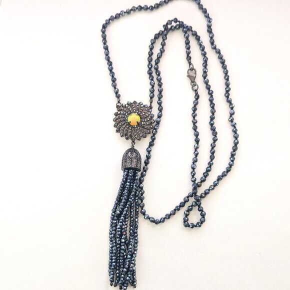 HSN 925 Silver Vermeil MLD Fire Opal Marcasite Beaded Tassel Long Necklace - Picture 1 of 6